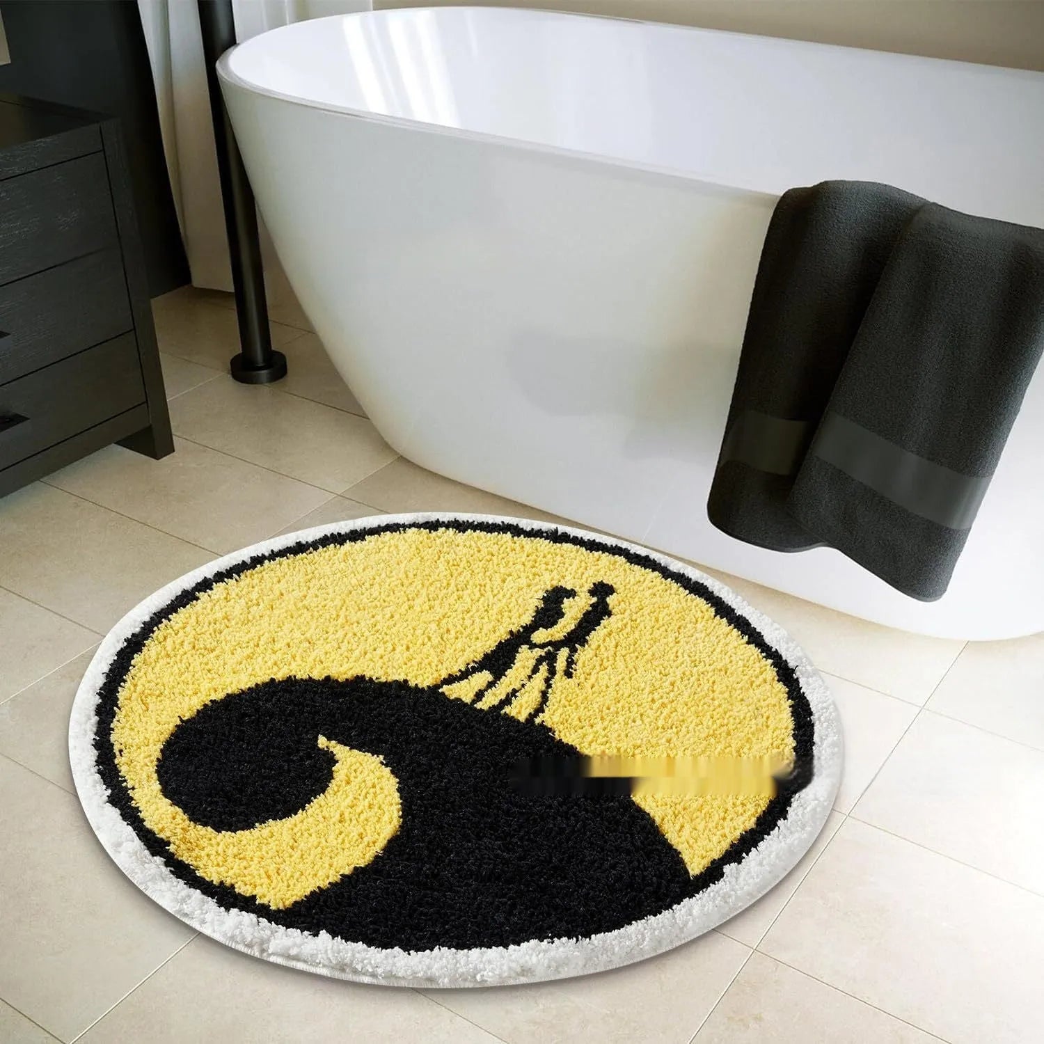 Christmas-themed round polyester carpet with festive printed design, shown in two size options.