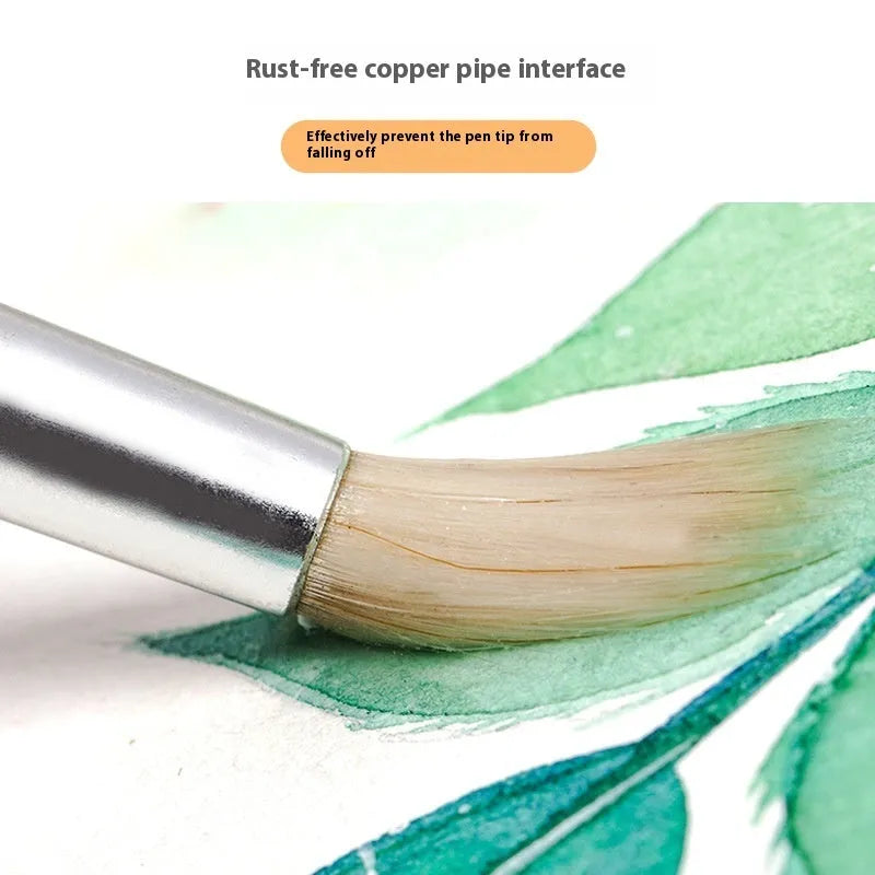 Set of six wooden-handled artist pen brushes with pointed tips on a white background.