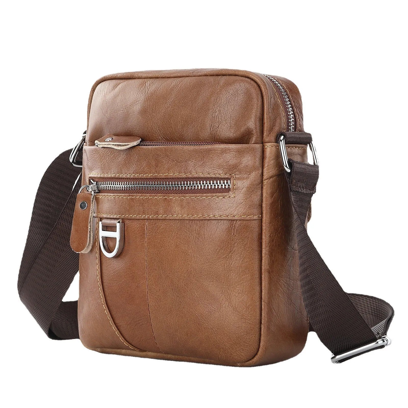 8 inch black shoulder messenger bag made from genuine cowhide leather with visible sewing lines