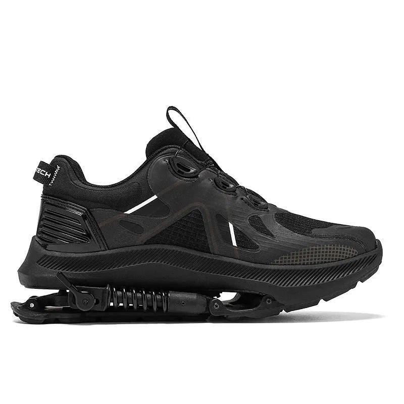 Black Tech running shoes with mesh upper, buckle fastening, and rubber sole on a white background.