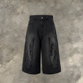 Men's black denim shorts with cropped flame embroidery detail on straight-leg summer casual shorts