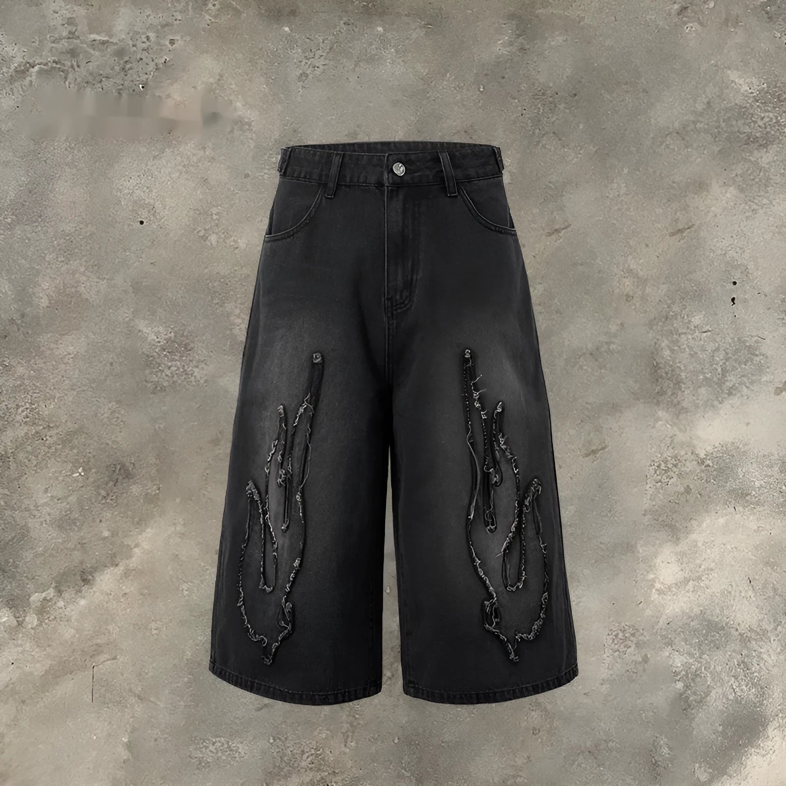 Men's black denim shorts with cropped flame embroidery detail on straight-leg summer casual shorts