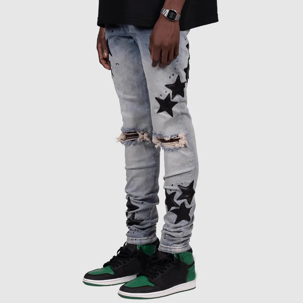 Men's slim stretch jeans with embroidery detailing on micro-elastic denim fabric