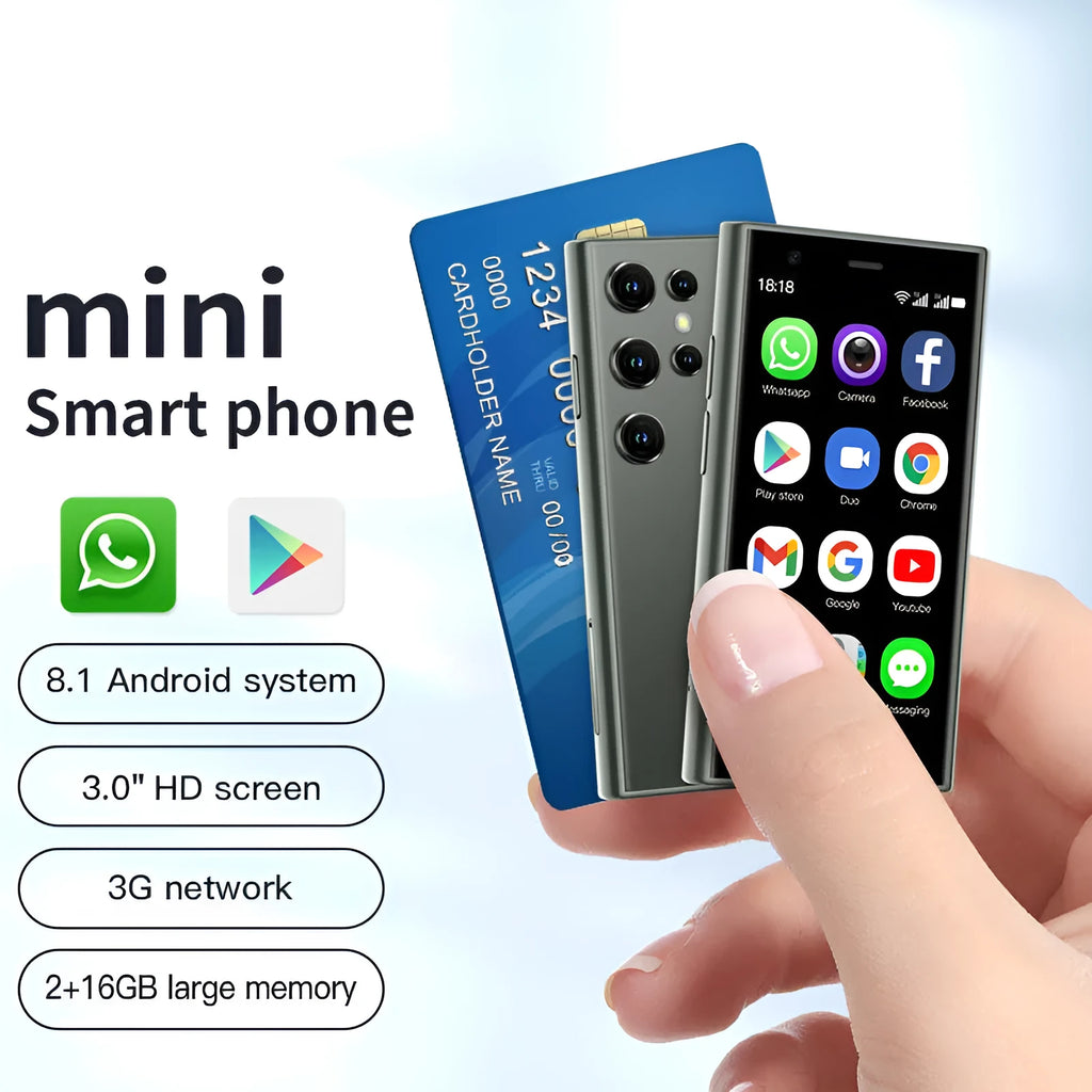 Mini smartphone with 30-inch screen in black, green, or pink purple colours showing Android interface