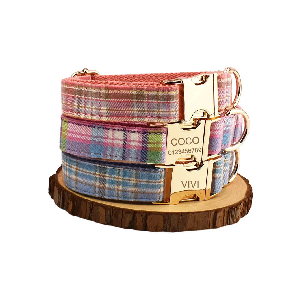 Four-piece cloth dog accessory set showing collar, leash, bow, and vest for small to large dogs.