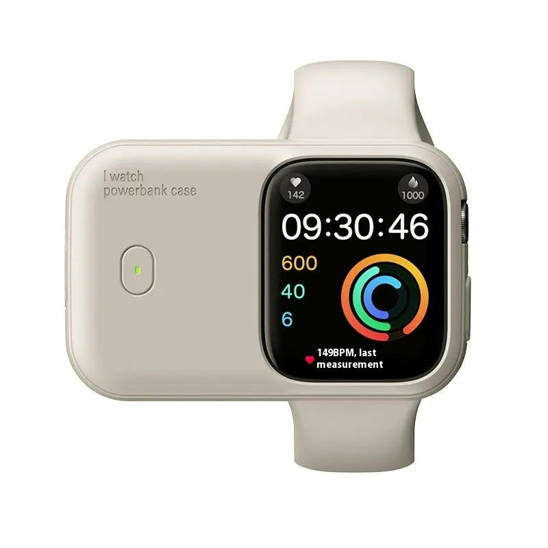 Apple Watch portable wireless charging case and silicone cover in brown, midnight blue, or starlight.