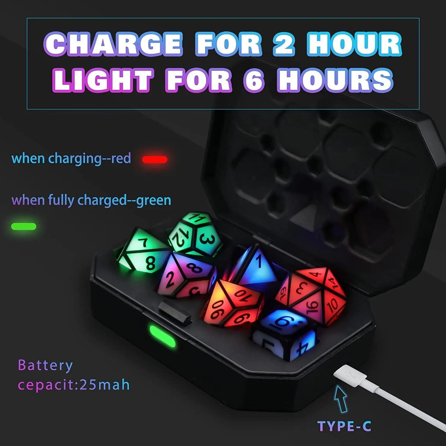 Charging luminous dice chip LED set with USB rechargeable, ABS plastic, 13x9x4cm, available in Colourful White Flash