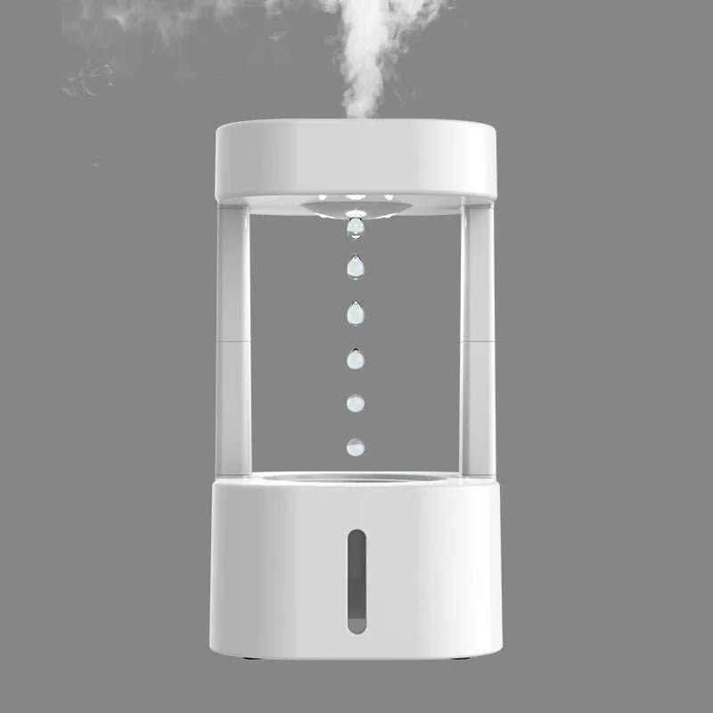 White anti-gravity water droplet USB humidifier with coloured lights on a desk