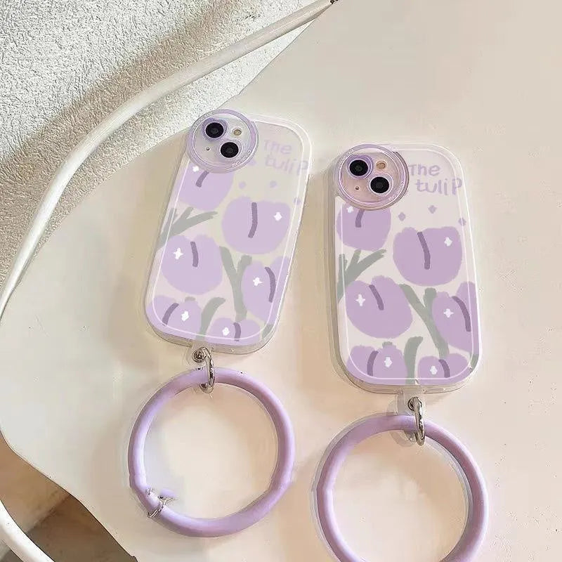 Transparent purple tulip heart lens phone case with purple bracelet for iPhone protection