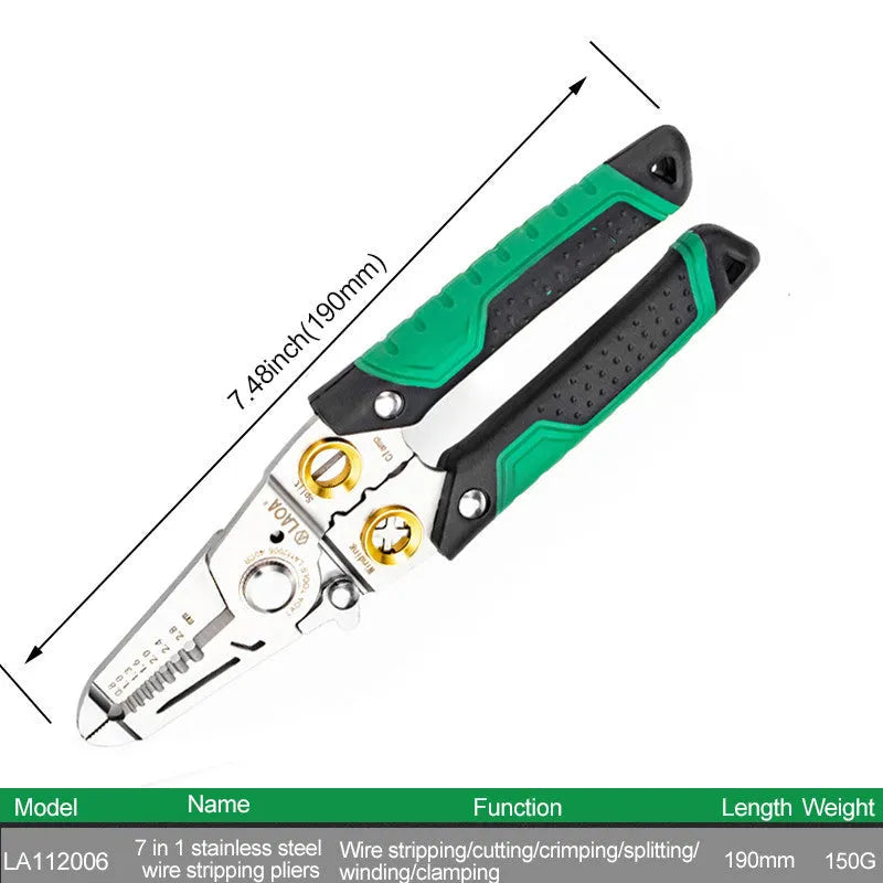 Stainless steel 7-in-1 wire stripper tool with straight handle and multiple stripping apertures