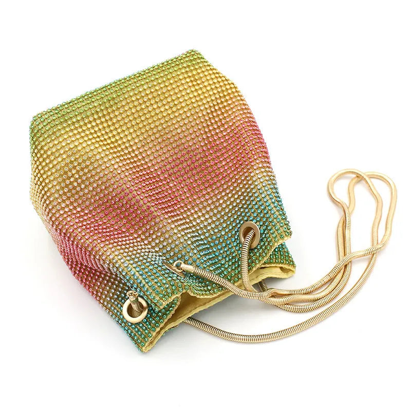 Rainbow sparkle rhinestone fabric bucket bag with a soft texture