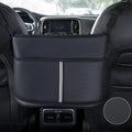 Black leather car seat storage bag with sports carbon fibre pattern for centre console organisation