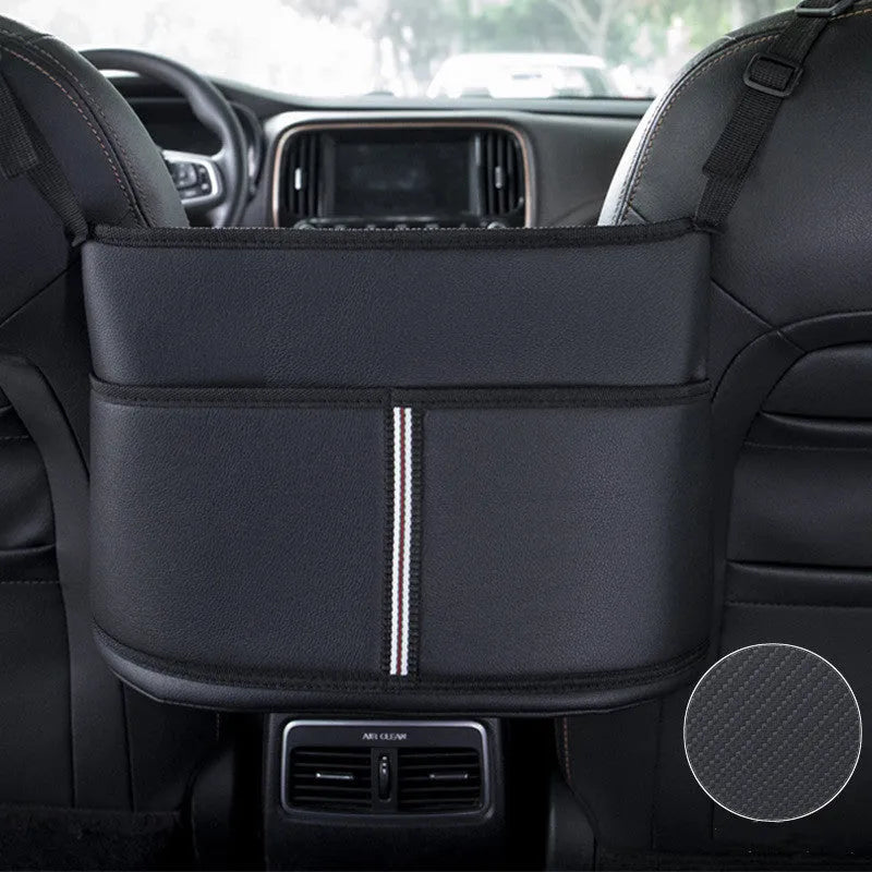Black leather car seat storage bag with sports carbon fibre pattern for centre console organisation