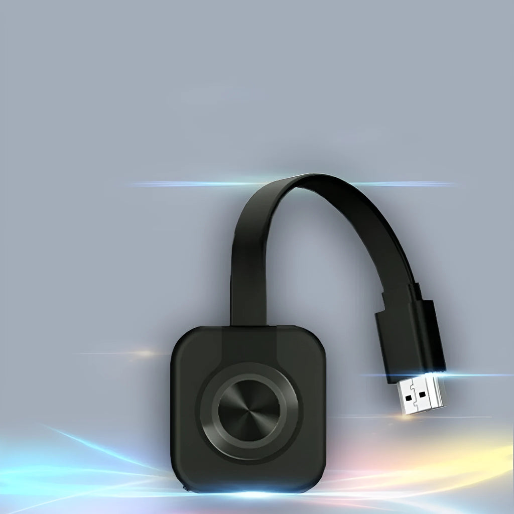 Compact wireless HDMI transmitter for screen mirroring with mobile phones, shown with data cable.
