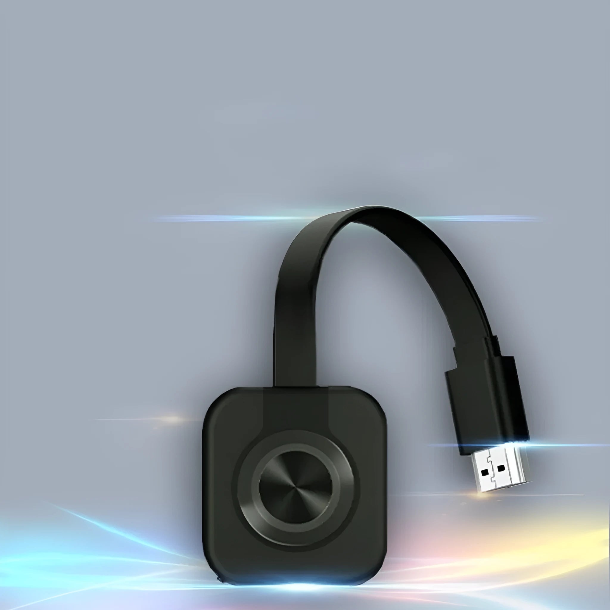 Compact wireless HDMI transmitter for screen mirroring with mobile phones, shown with data cable.