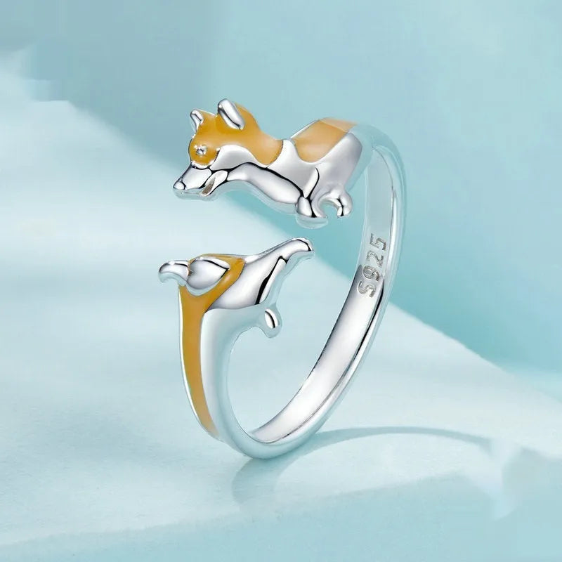 Silver corgi pet ring with cartoon design and electroplated finish