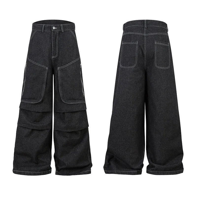 Black multi-pocket pleated work trousers made from non-stretch denim fabric on a mid waist.