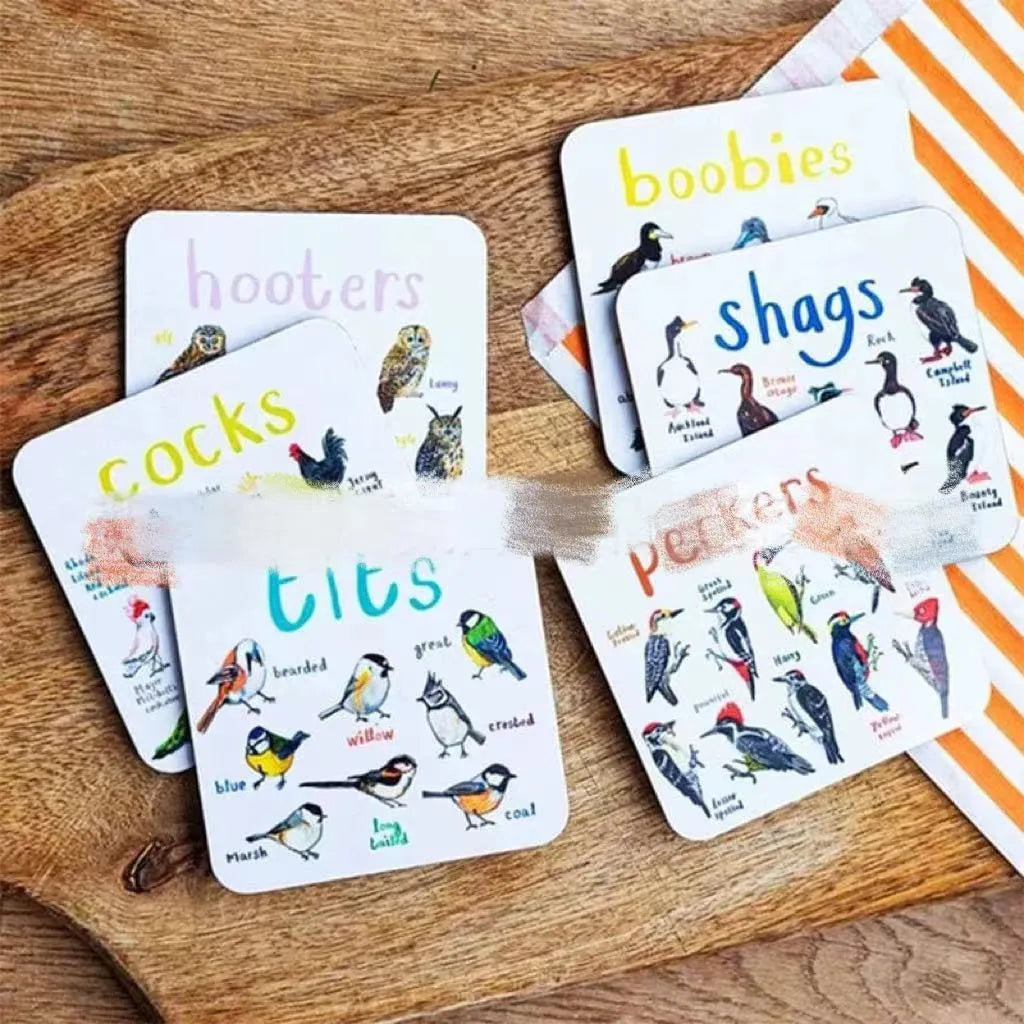 Set of six square PVC bird pun coasters with different bird chart designs on a table