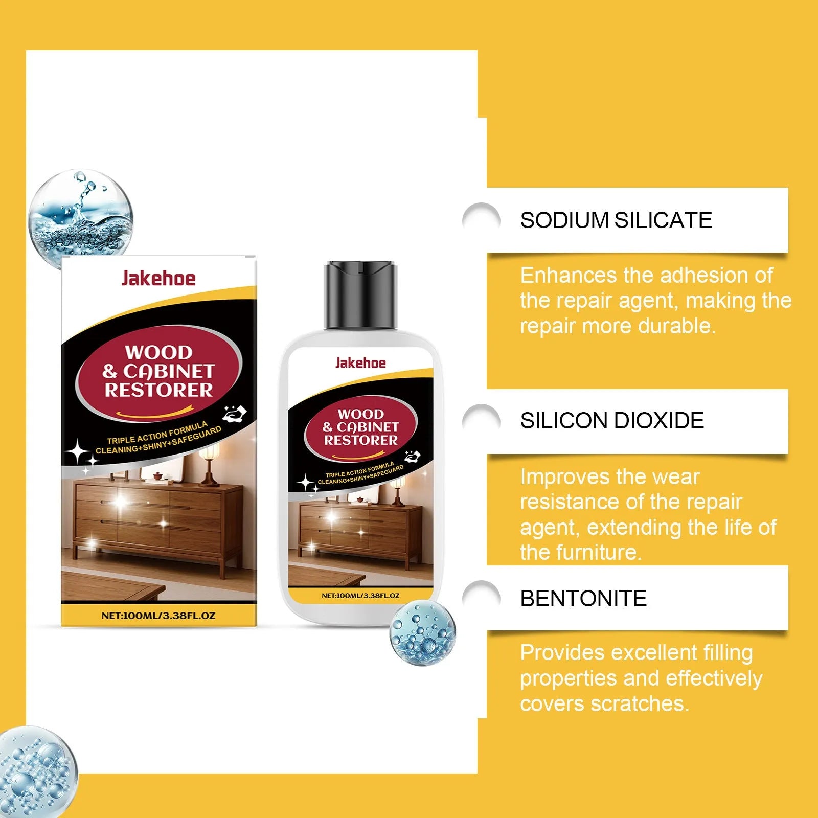 100ml wooden furniture scratch care agent bottle and 20x20cm cleaning cloth set in box.