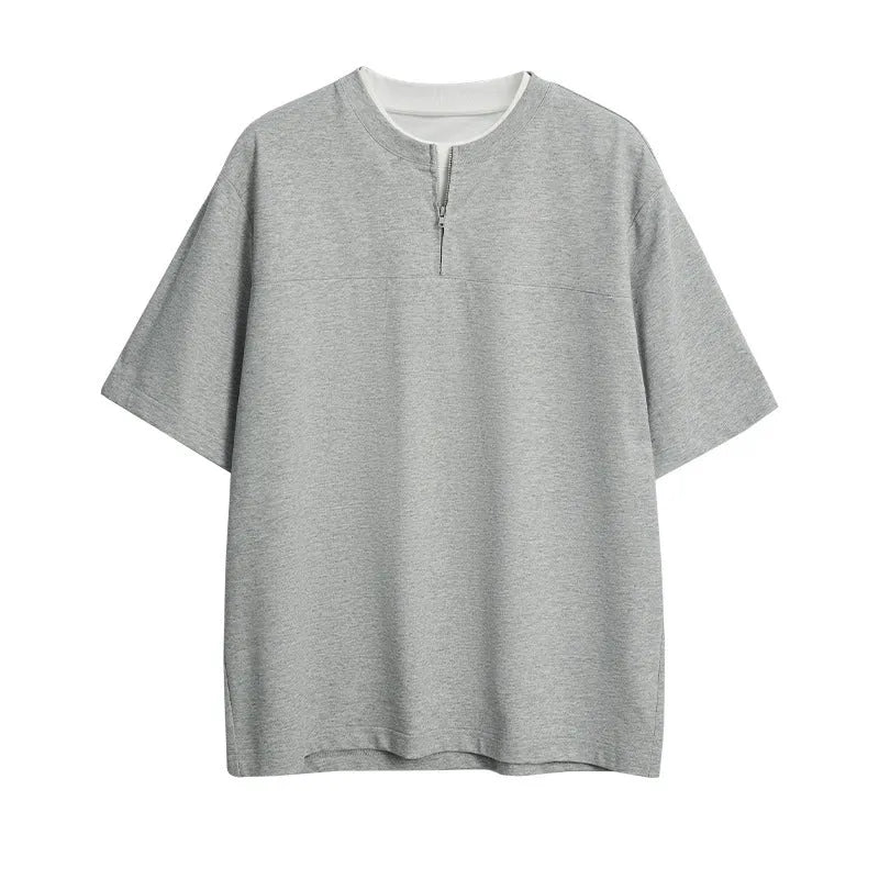 Women's loose blue patchwork top with a zip false two-piece design