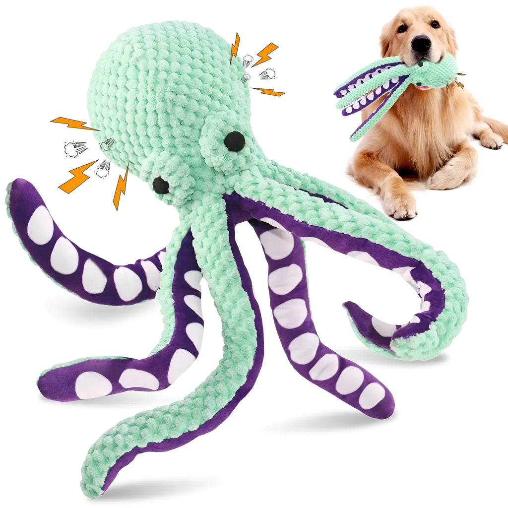 Blue octopus shell design plush dog chew toy with six long legs and a squeaker.