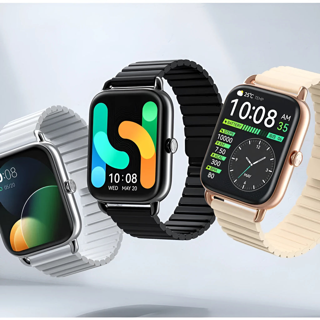 S4PLUS LS11 smart sports watch on wrist showing AMOLED display, available in black, champagne, or silver.