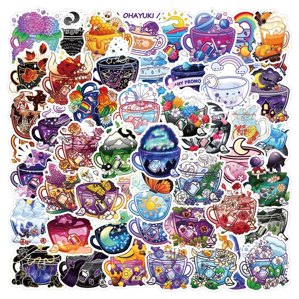 Pack of 50 colourful tea cup graffiti design vinyl stickers for scooter and luggage decoration