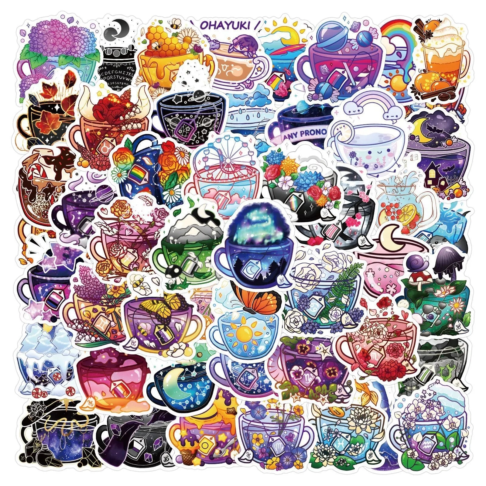 Pack of 50 colourful tea cup graffiti design vinyl stickers for scooter and luggage decoration