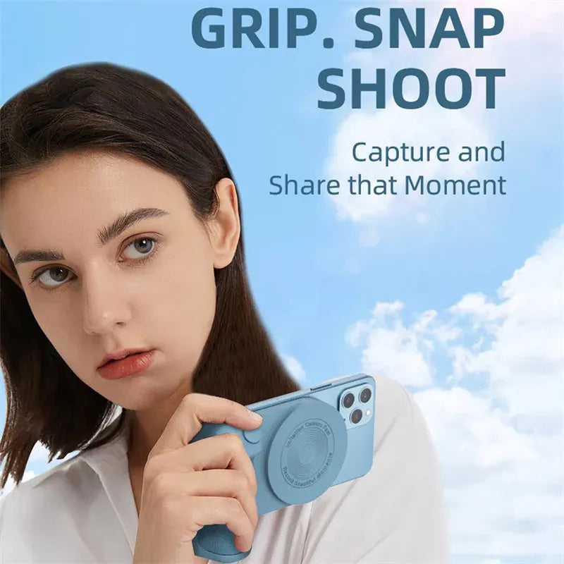 Black magnetic camera handle bracket holding smartphone with rotatable design and ergonomic grip