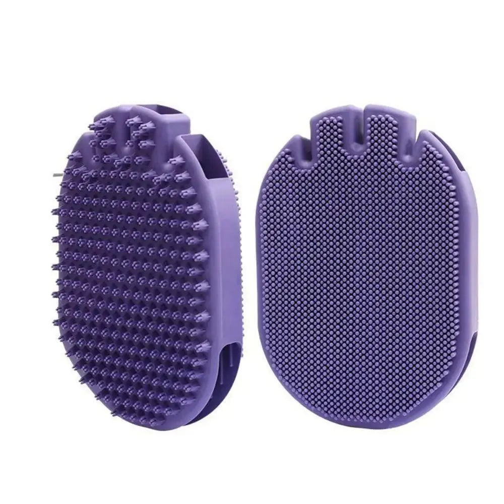 Purple dual-sided TPR pet massage and shampoo brush for dogs and cats.