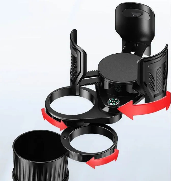 Carbon fibre black adjustable car cup holder with retractable base on a car centre console.