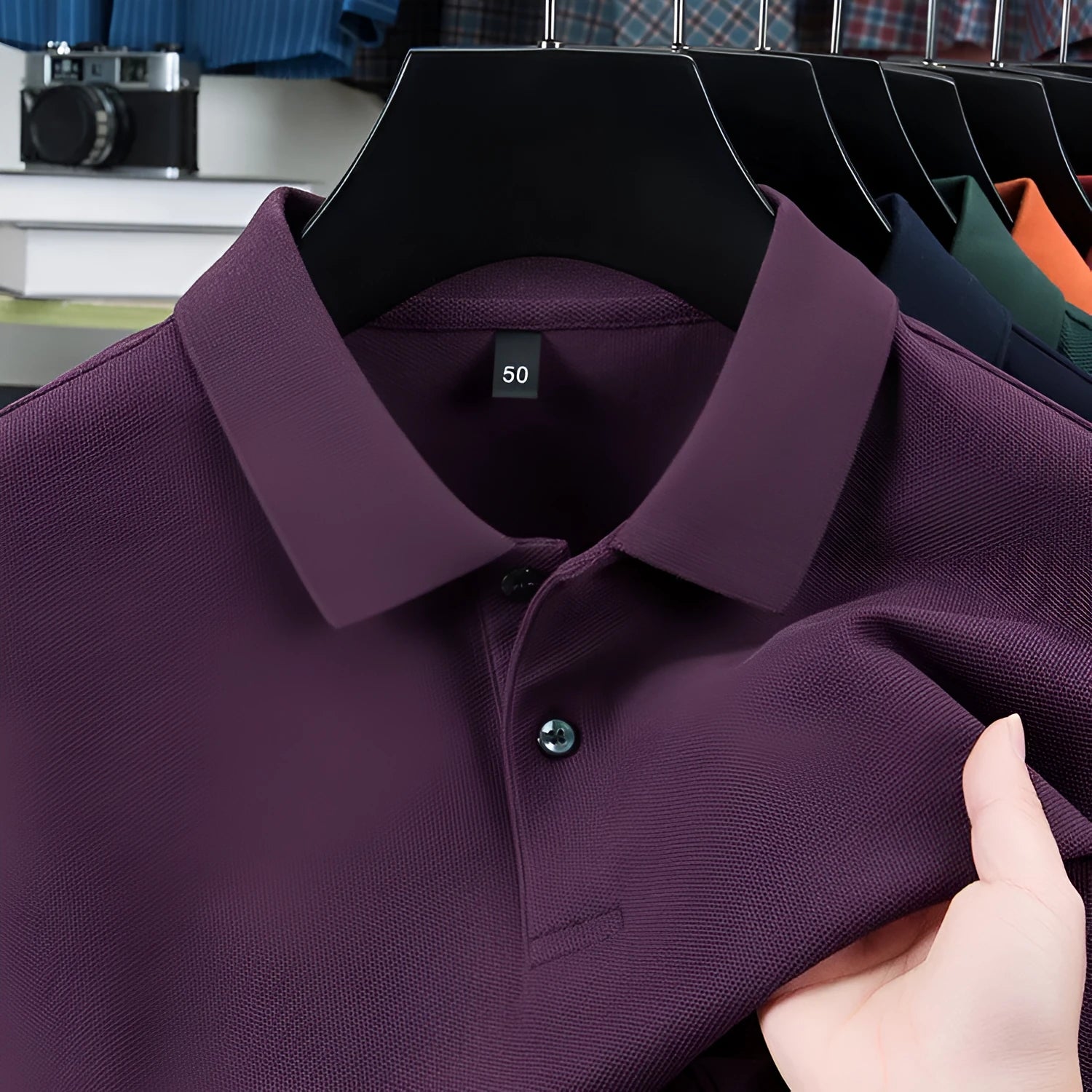 Men's casual polo collar short sleeve top in mercerized cotton, available in multiple solid colours