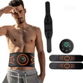 Rechargeable EMS massage belt with abdominal strap, arm stickers, and extension strap for muscle stimulation