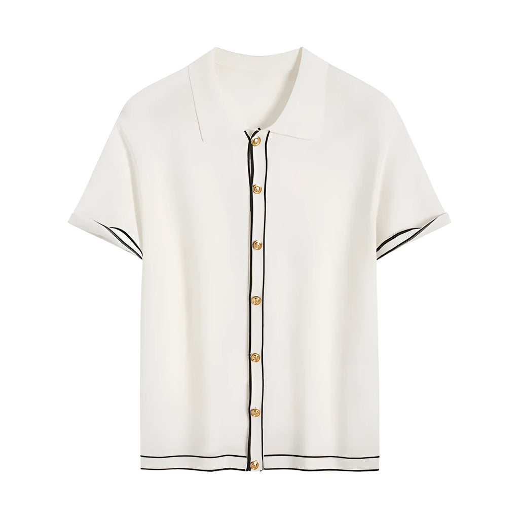 White short sleeve cardigan with dark contrast lapels on a model
