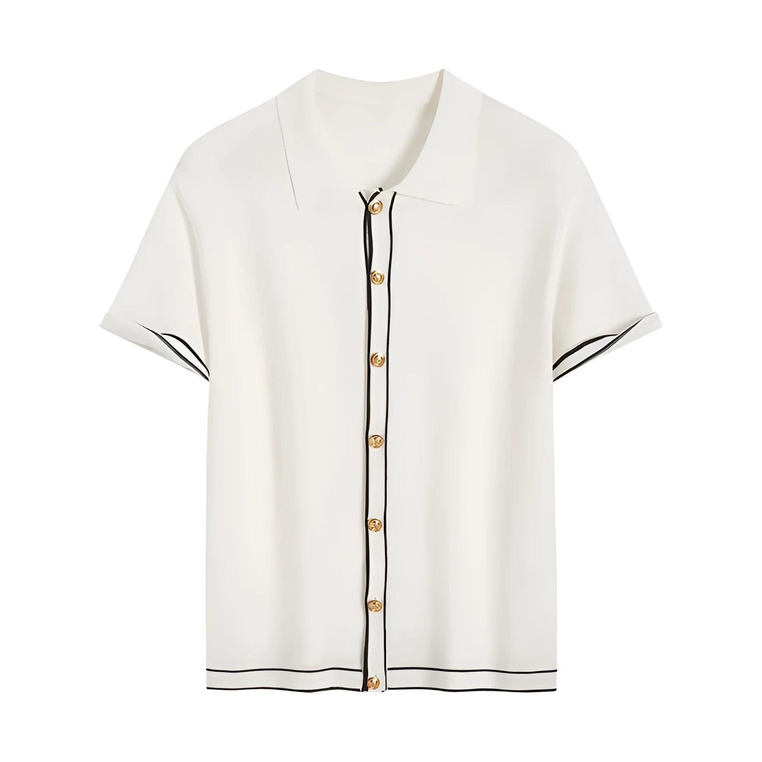 White short sleeve cardigan with dark contrast lapels on a model