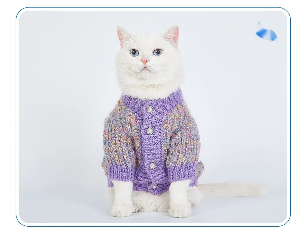 Purple dog cardigan sweater on pet model showing casual polyester construction