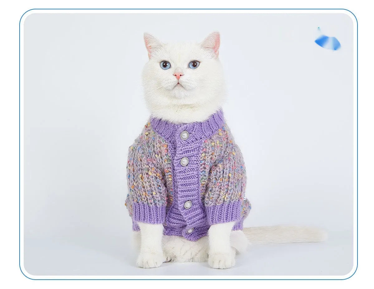 Purple dog cardigan sweater on pet model showing casual polyester construction
