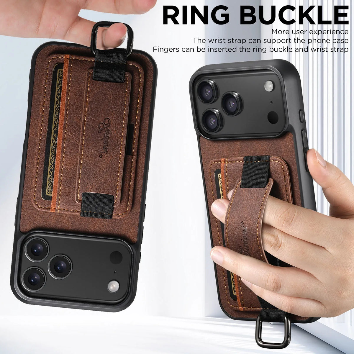 Google Pixel 9 PU leather case with card slot, wrist strap, and kickstand bracket in black