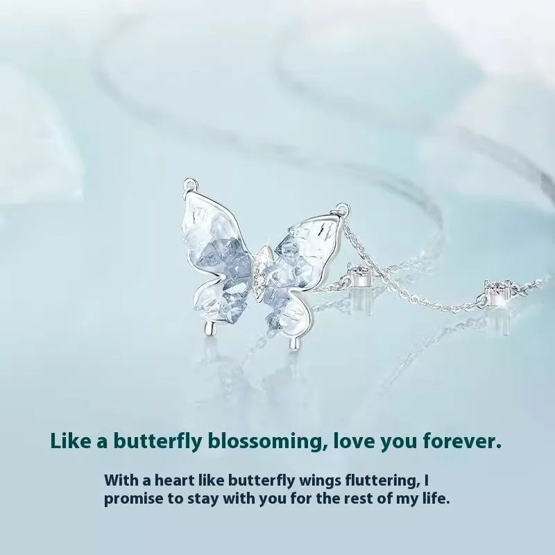 Bingyu Butterfly necklace in S925 silver with adjustable O-ring chain and detailed ice rain pendant.