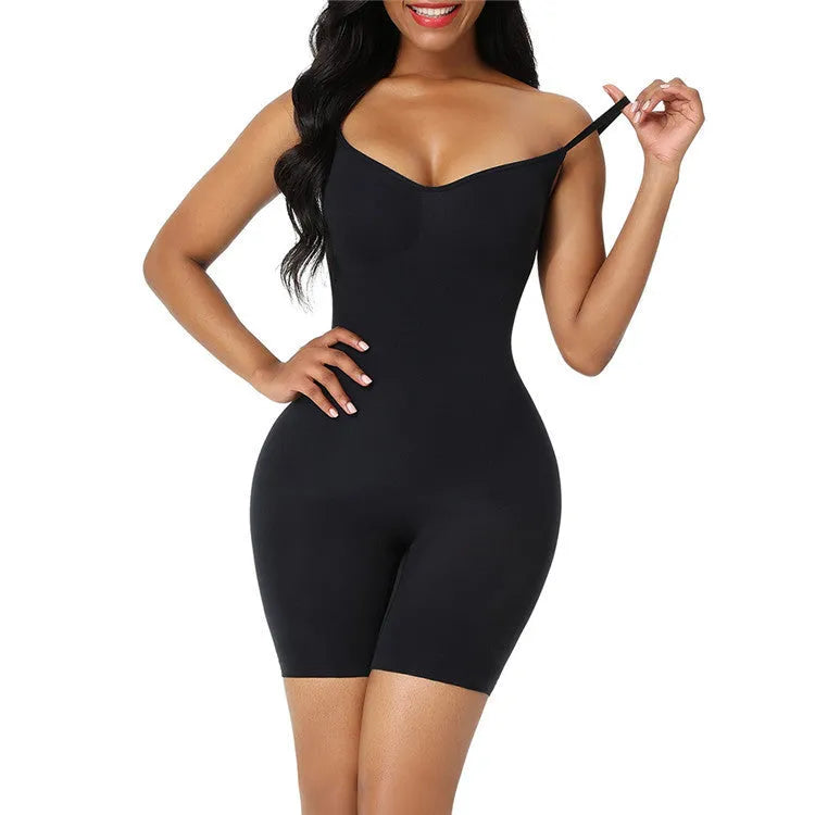 Seamless nylon body-shaping corset jumpsuit in black with belly contracting and chest support