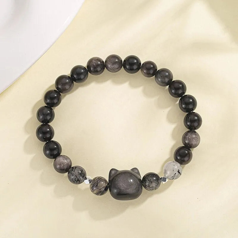 Obsidian cat crystal bracelet with electroplated finish and zodiac animal design