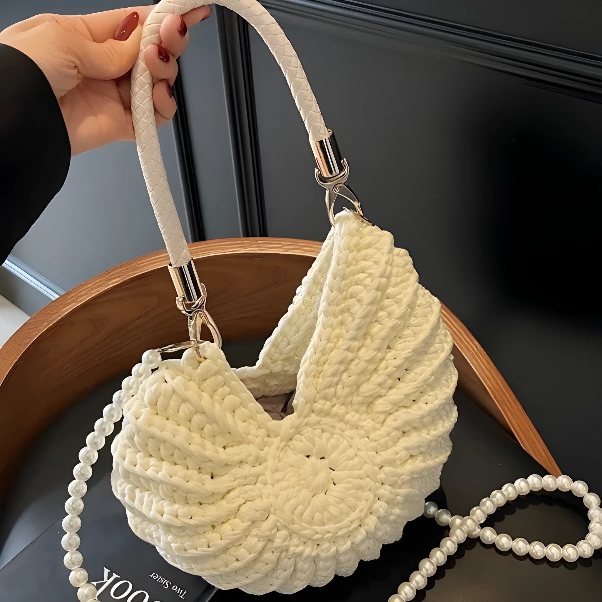 Handmade woven women's shoulder bag in retro style with cloth exterior and open pocket