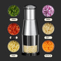Manual garlic press and onion chopper kitchen gadget with stainless steel blades, shown in modern simplicity style.