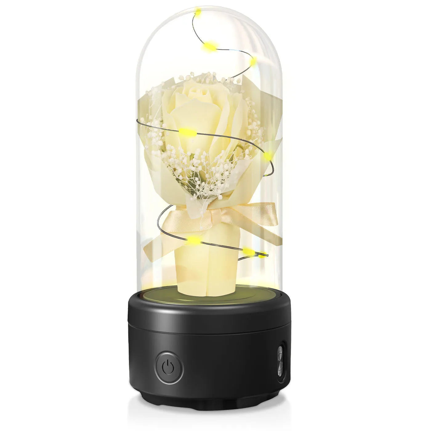 LED bouquet night light with Bluetooth speaker inside a glass cover on a black base.