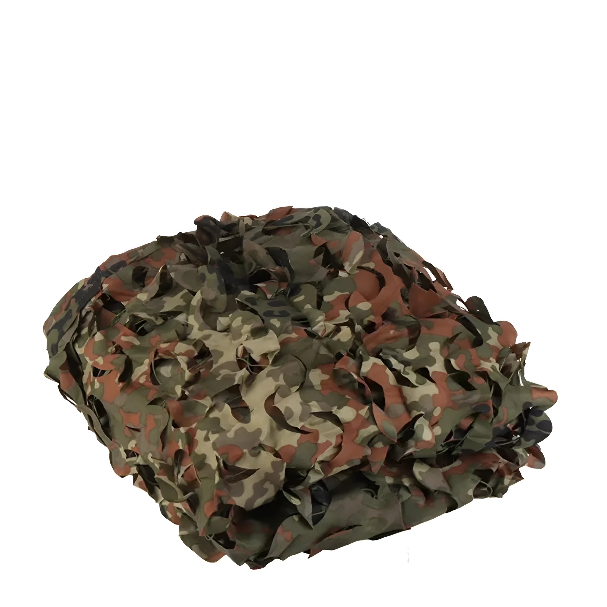 Green and brown camouflage pattern netting draped to create sunshade and visual cover.