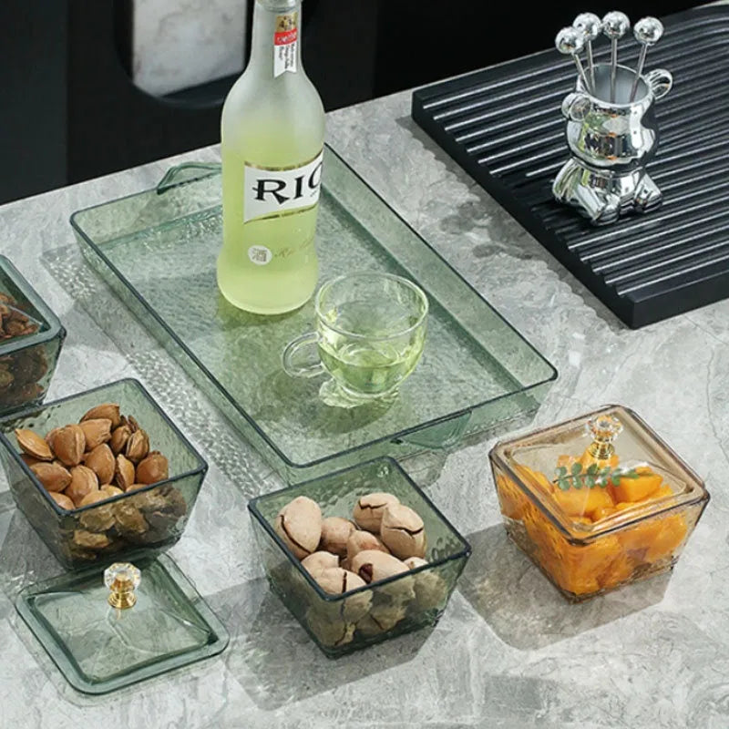 Plastic dried fruit snack tray with three, four or six grid compartments in amber or dark green