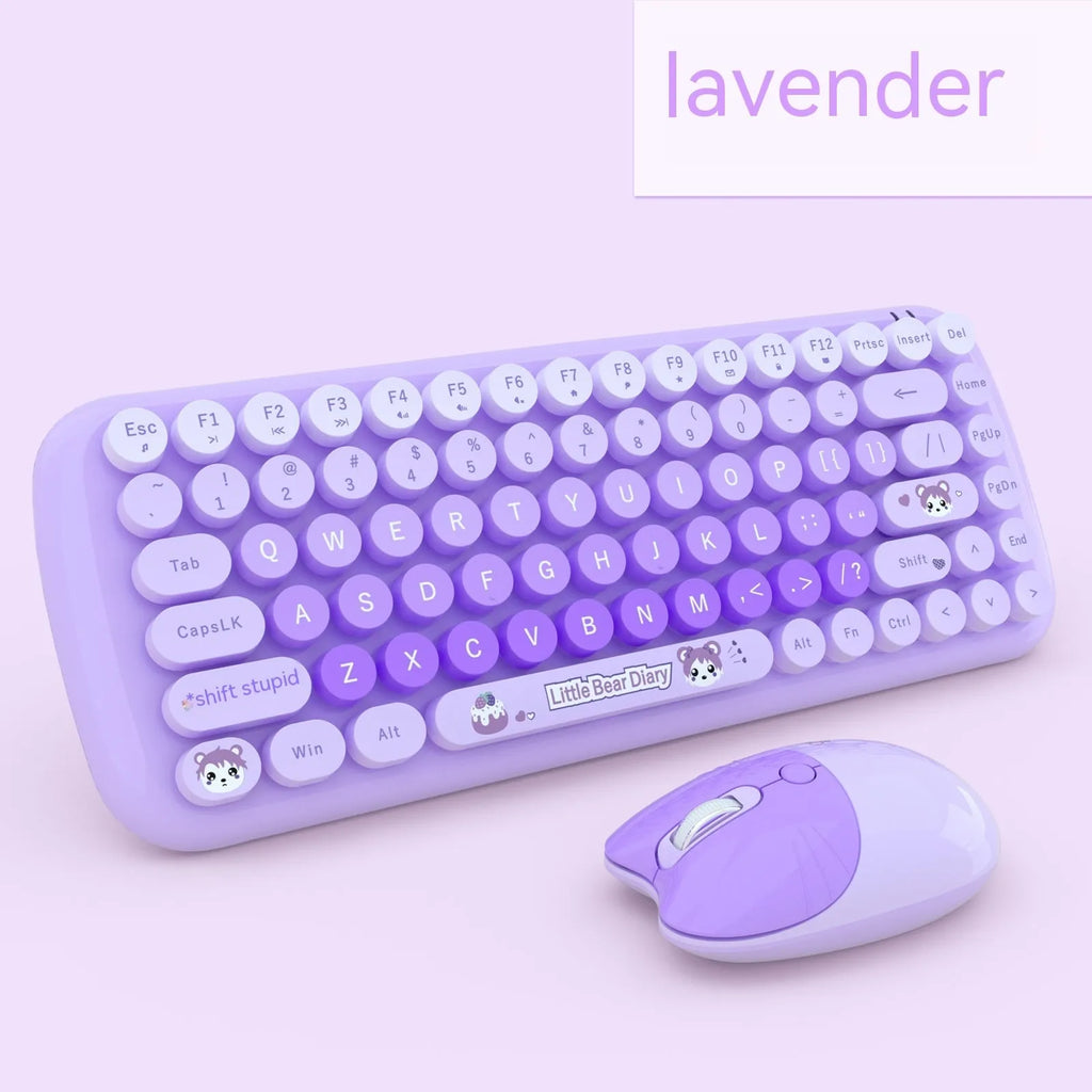 Candy Pink wireless keyboard and mouse set on a desk, showing compact size and USB receiver.