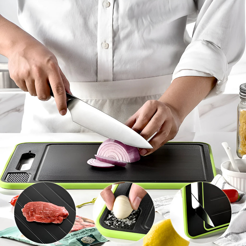Grey square aluminium cutting board with double sides, integrated knife sharpener and grinding surface