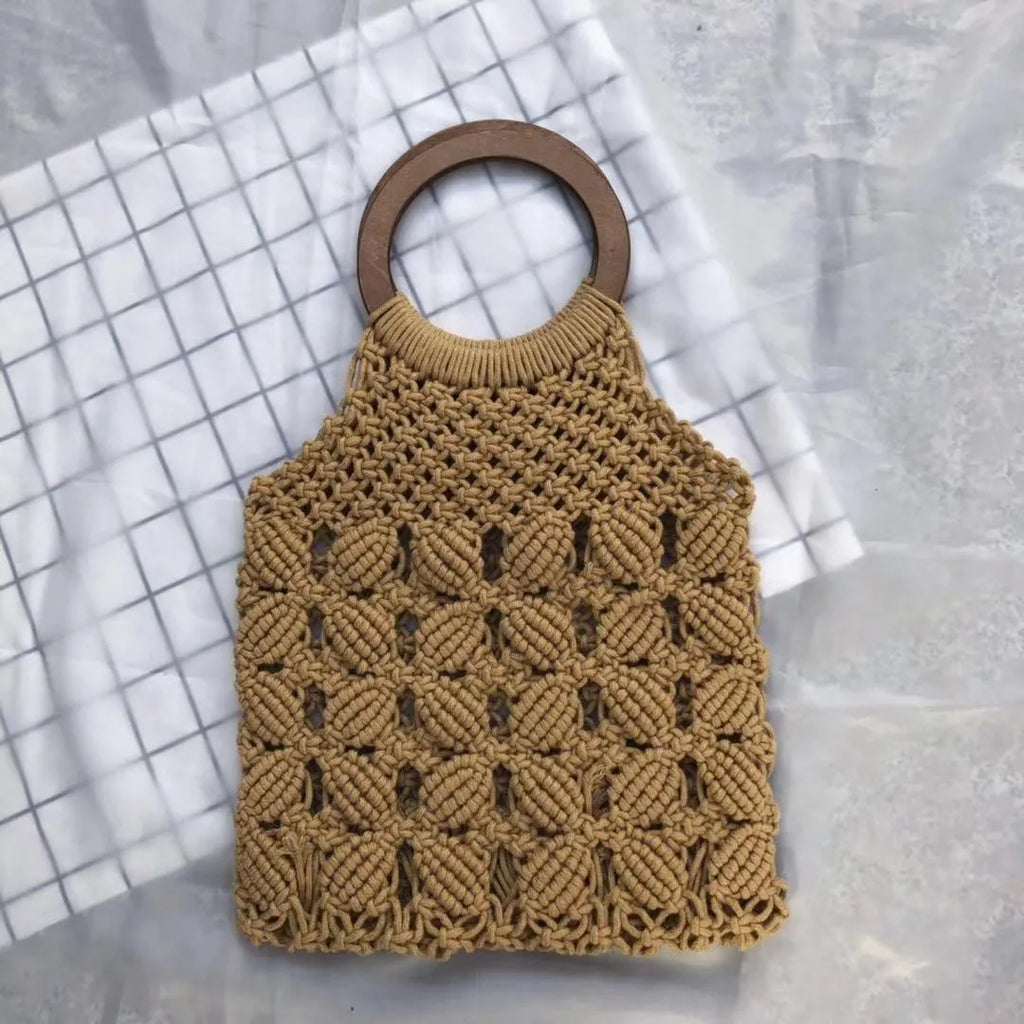 Handmade straw bag women woven wicker handbag Mori style solid colour with cotton lining and hard handle