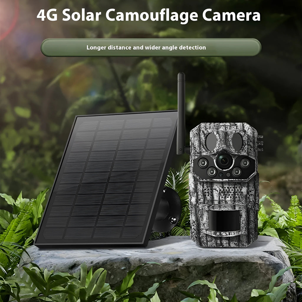 4G solar hunting camera with GPS positioning, IP65 waterproof housing, and 3MP 2K resolution lens mounted on a tree